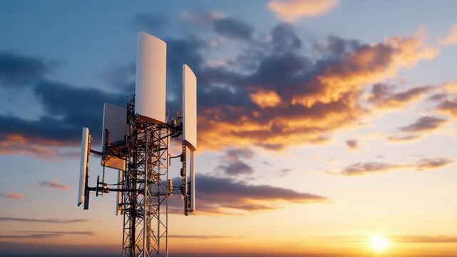 Communication cell tower  with 5G antenna transmitting signal at sunset