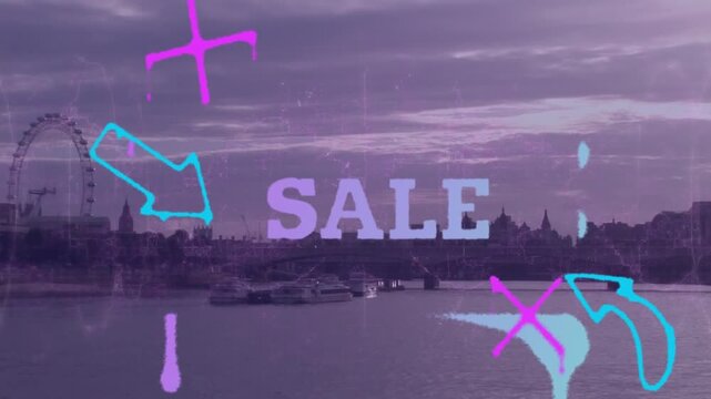 Animation of screen with sale text and icons over landscape
