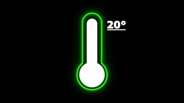 Neon Celsius thermometer displayed temperature 20 degree. Thermometer equipment showing hot or cold weather. 4K Video motion graphic animation.