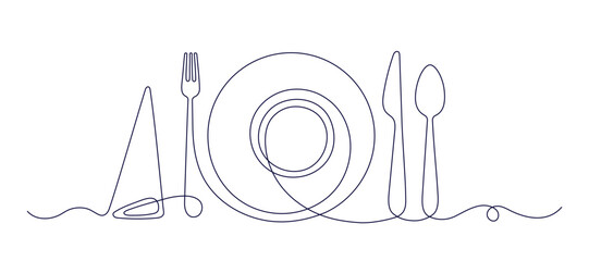 Continuous line drawing of plate with fork, knife