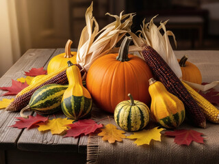 Autumnal Harvest Arrangement Featuring Pumpkins Decorative Gourds Indian Corn And Fallen Maple Leaves On A Rustic Wooden Table