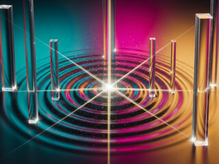 Prismatic Glass Pillars Radiating From A Central Light Source Over Colorful Concentric Ripples
