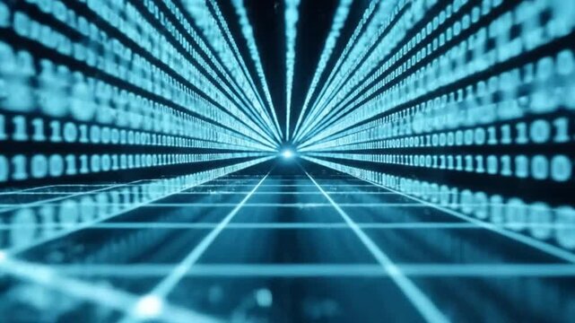 Abstract digital background with binary code streams and glowing grid, representing data flow.