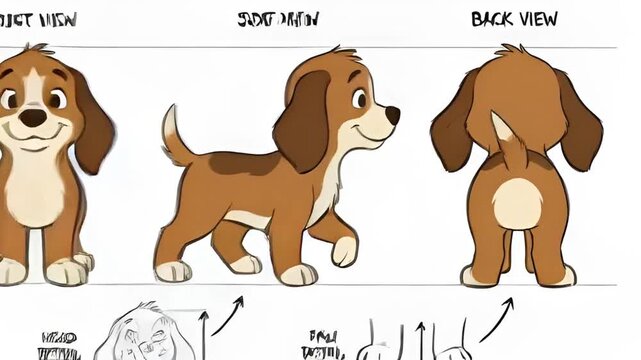 Cute dog character turnaround sheet, cute dog character turnaround sheet for animation design, cute dog character turnaround sheet with front side back view