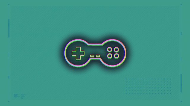 Animation of glitch effect over video game controller icon and abstract shapes on green background