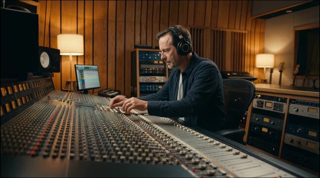 Professional sound producer with headphones adjusting faders and knobs on a large mixing console, creating new music in a recording studio with professional audio equipment