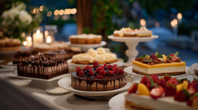 The dessert table at the wedding party flourishes with an assortment of inventive desserts, from rich chocolate creations to vibrant fruit tarts, aimed at pleasing every guest attending the