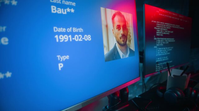 Handheld shot of cyberpunk male hacker in holographic visor holding passport in hands while falsifying data of users and programming on computers in dark workspace