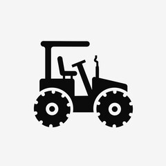 Black silhouette of tractor with large wheels and simple design. Represents agricultural themes, ideal for farming illustrations, logos, or materials related to agriculture.