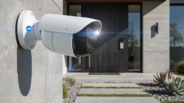 Smart security camera installation at modern home, showing active recording and security system for surveillance
