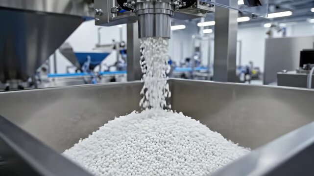White medical pill production during industrial pharmaceutical manufacturing. Automatic granules filling a steel container for medicine.