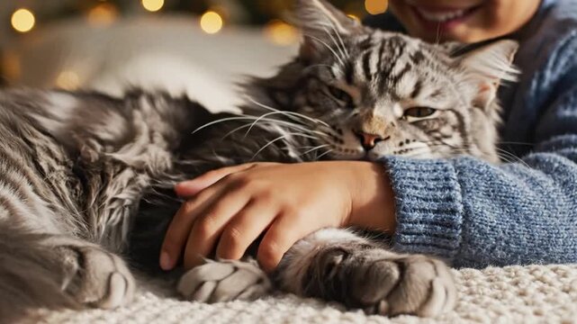 Close up of a human hand gently holding a feline paw showing deep connection and love between owner and domestic cat pet in a cinematic indoor lighting soft atmosphere.