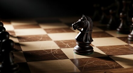 Close-up of a black knight chess piece on a chessboard, with blurred pawns in the foreground and background, capturing the strategic intensity of the game