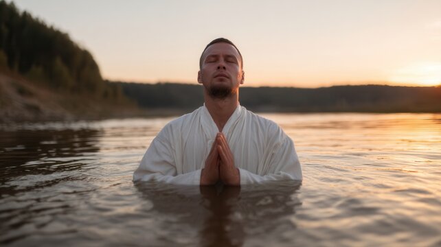 Man practicing spiritual meditation in water, eyes closed and hands in namaste mudra during sunset