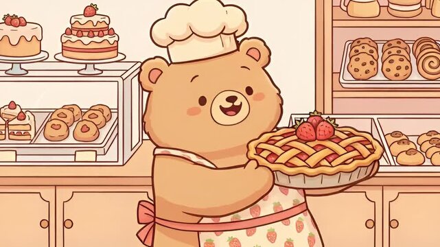 cute bakery bear illustration, cute bakery bear illustration with strawberry pie, cute bakery bear illustration for cozy dessert shop concept, cute bakery character illustration, 

