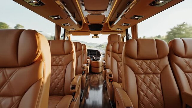 Empty luxury coach bus interior with rows of brown leather seats, showcasing premium travel and transportation concept