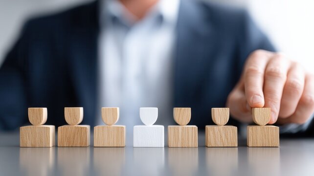 Hand hovering over a group of wooden human figures, symbolizing protection, insurance, support employee care,