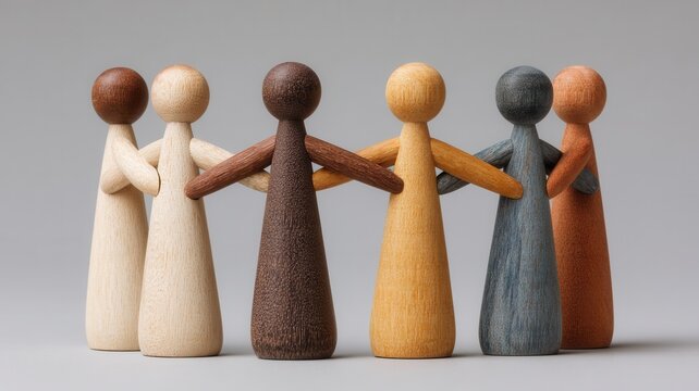 Colorful wooden figures connecting hands a circle, symbolizing teamwork, partnership and global community