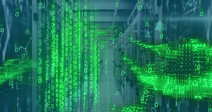 Animation of binary codes, number and dynamic waves with connected dots on server room