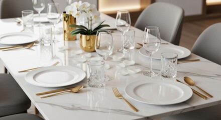 Fototapeta premium Elegant white dining table setting with gold cutlery and flower decoration.