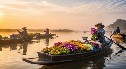 Obraz premium Vendors selling flowers from boats on a serene river at sunrise.
