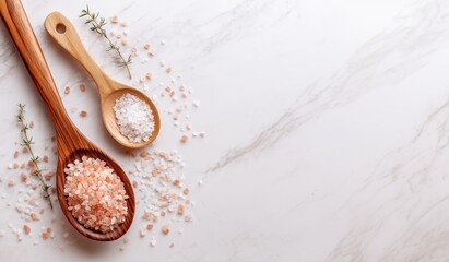 pink Himalayan salt in a bowl on a light background. Top view.