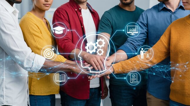 Online education and professional development course with diverse team training. E-learning platform concept for business skills, knowledge, strategy, and corporate growth in digital world.