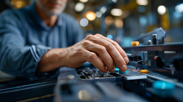 Skilled technician adjusting ink settings on commercial printer press, faceless worker, clean organized printing floor, industrial equipment, production facility, defocused machine