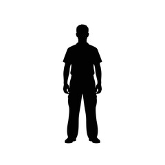 Obraz premium A stark, full-body silhouette of a standing man, depicted in dark black against a clean white background, conveying anonymity and presence.