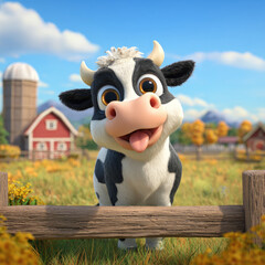 Smiling Cartoon Cow at Autumn Farm