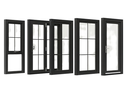 professional product shot of various high-end, contemporary matte black architectural doors and windows in a showroom setting, sharply focused on the details. concept of premium home renovation