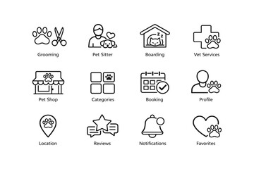 Fototapeta premium Pet service icons: grooming, sitter, boarding, vet, shop, categories, booking, profile