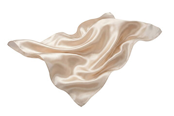 Beige silk fabric flying isolated. Elegant satin cloth texture background.