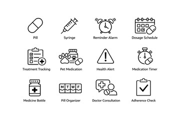 Fototapeta premium Medical icons set with pill, syringe, alarm clock, and health symbols