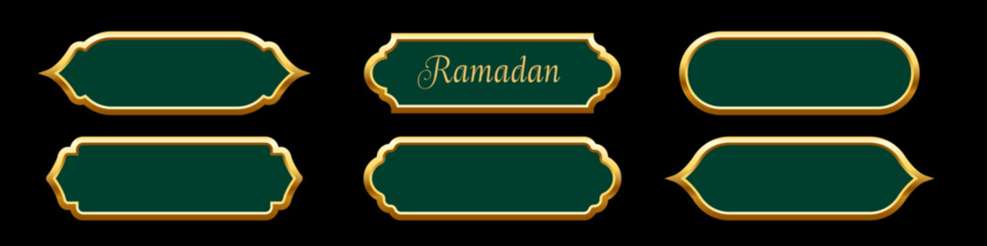 Ramadan frames. Islamic frames with gold borders shown as green decorative labels in traditional Arabian shapes. Set of banners for Ramadhan and oriental festive design. Luxury vector illustration.