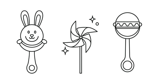 Three infant toys including a bunny rattle and a spinning pinwheel are shown in a clean black and white line art style for kids.
