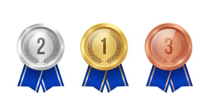 Gold, silver, and bronze medals. Realistic 3D award medals with blue ribbons, symbolizing first, second, and third place in sports, competitions, athletic events. Vector illustration.