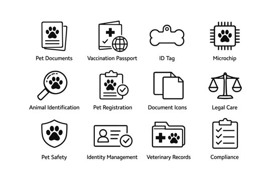 Pet care essentials: identification, registration, safety, and compliance icons