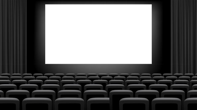 Cinema or theater chair screen background with rows of black velvet seats facing large blank display with dark hall and curtains creating classic movie atmosphere. Realistic vector illustration.