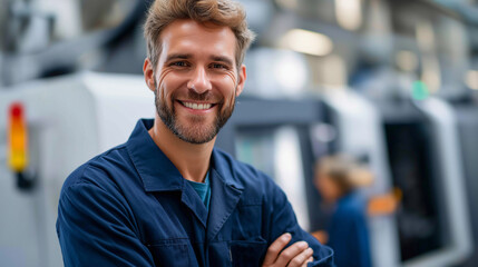 Obraz premium Smiling factory worker in blue uniform standing next to CNC machine, faceless young industrial engineer, modern manufacturing plant, production facility, defocused equipment, with 