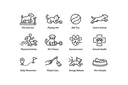 Pet exercise and health icons: dog, cat, ball, running, fitness, care