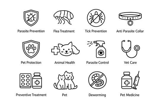 Comprehensive parasite prevention for pets: health, protection, and treatment icons