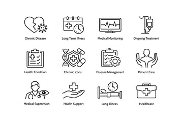 Fototapeta premium Chronic disease icons: medical monitoring, treatment, and patient care symbols
