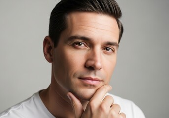 Obraz premium Closeup portrait of a man with short dark hair and a beard, looking thoughtful with his hand resting on his chin