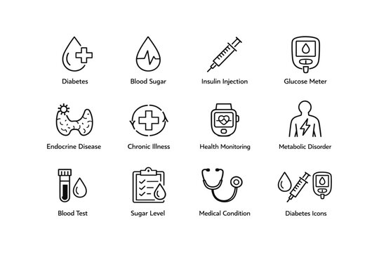 Medical icons set featuring diabetes and health monitoring symbols