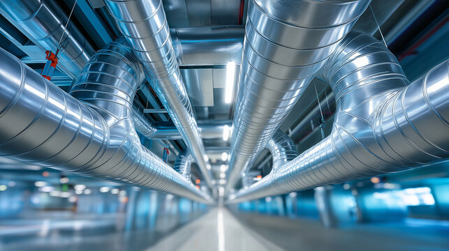 Large metallic air ducts and pipes running along modern industrial ceiling, symmetrical futuristic tunnel-like perspective, HVAC infrastructure, defocused corridor, with copy space