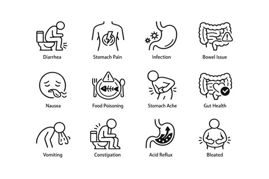 Illustrated icons depicting digestive health issues and symptoms