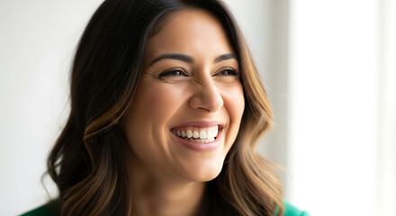Naklejka premium Smiling Woman with Brown Hair and Green Shirt