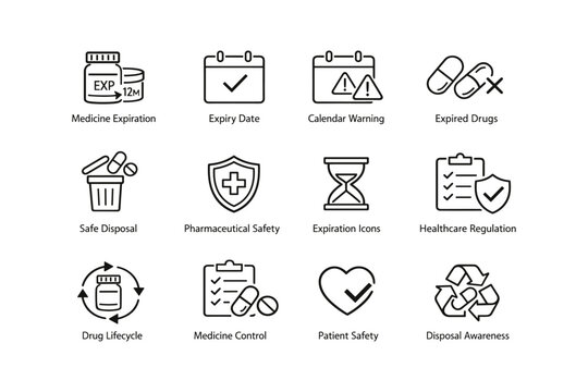 Medicine expiration and safety icons for healthcare regulation and awareness