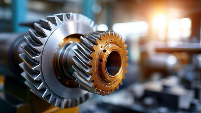 Closeup of rotating gear system inside heavy machinery, engineering design emphasis, mechanical systems, industrial components, precision manufacturing parts, defocused mechanism, 